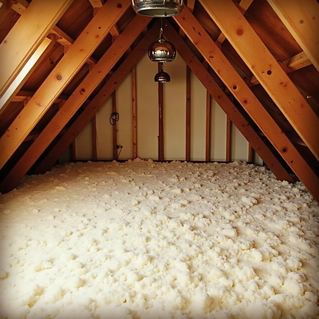 Photograph of a clean residential attic with fresh blown-in cellulose insulation between wooden rafters, roof vents and air chutes visible, warm natural light, 