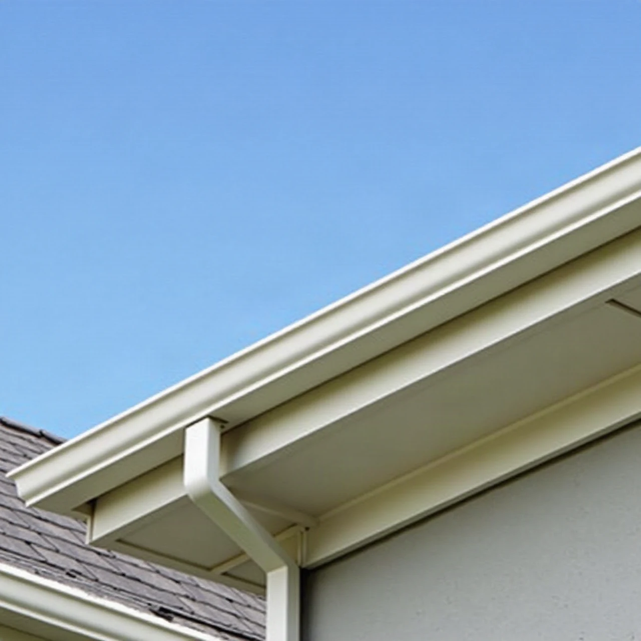 Photograph of a new continuous pre-painted aluminum eavestrough and downpipe along a house roofline with clean white soffit and fascia, blue sky, realistic arch