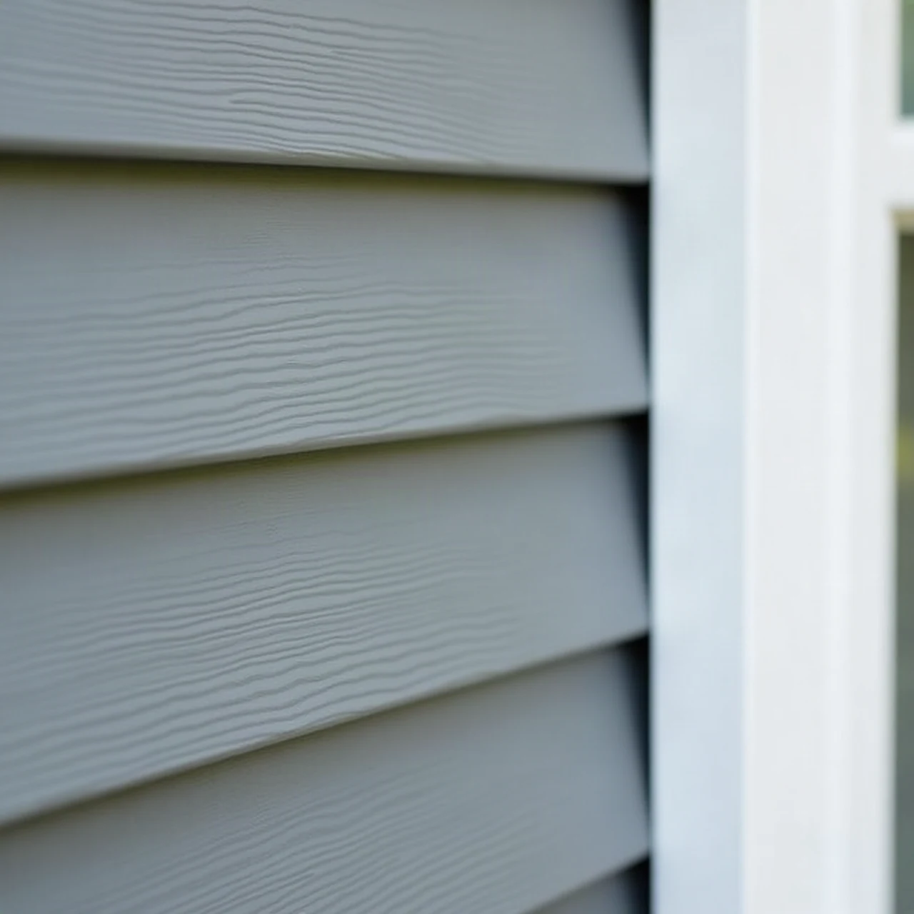 Close-up photograph of freshly installed horizontal grey vinyl siding on a suburban Canadian house wall with white trim corner, soft daylight, realistic